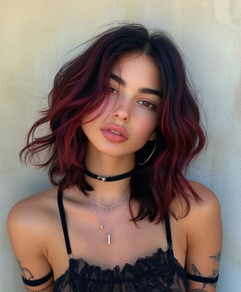 Top 51 Dark Copper Hair Colors to Rock This Fall - AskNaij Fall Hair Colors Dark Roots, Dark Hair Red Underneath, Ombre Brown To Red Hair, Black To Cherry Red Hair, Dark Brown And Red Hair Underneath, Dark Brown Hair With Red Streaks, Dark Root Hair Colours, Halloween Hair Color Ideas Short Hair, Fall Long Hair Color