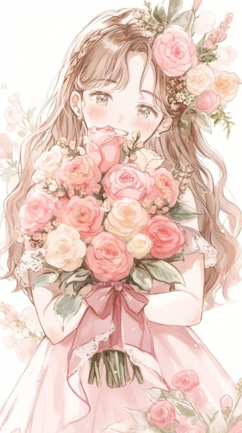 Holding A Bouquet Of Flowers, Flower Bouquet Drawing, Flower On Head, Anime Flower, Holding A Bouquet, A Bouquet Of Flowers, Anime Pixel Art, Bouquet Of Flowers