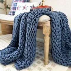 Farmhouse & Shabby Chic Throws | Antique Farmhouse Blue Chunky Blanket, Blue Chunky Knit Blanket, Blue Crochet Blanket, Giant Knit Blanket, King Size Blanket, Antique Lanterns, Patterned Chair, Chunky Knit Throw, Knit Throw