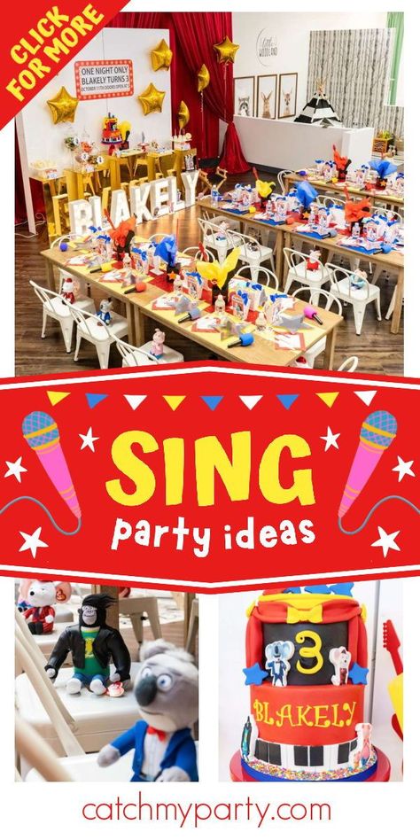 Check out this fun Sing-themed birthday party! The cookies are fantastic! See more party ideas and share yours at CatchMyParty.com Sing Party Favors, Sing 2 Party Decorations, Sing Theme Party, Sing The Movie Birthday Party Ideas, Sing Movie Birthday Party, Sing Birthday Theme, Sing Party, Sing 2 Party Ideas, Sing Party Ideas