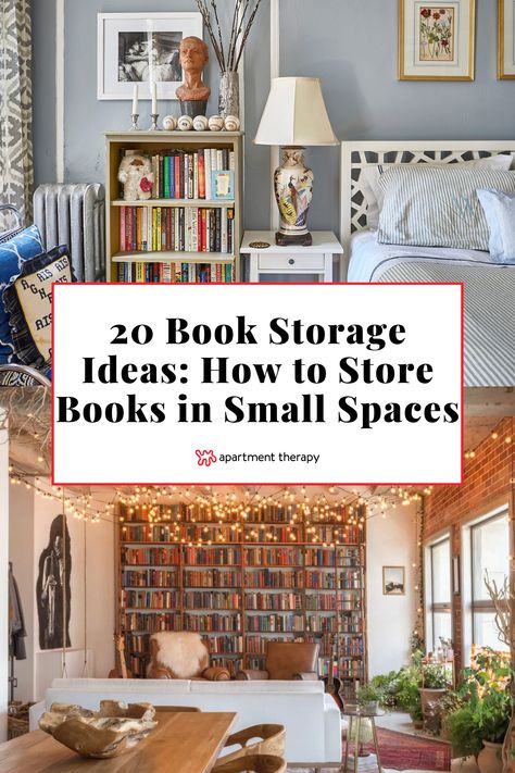 These book storage ideas will keep your collection both organized and stylish — no matter the size of your space. Small House Book Shelves, Tee Bookshelves, Books Furniture Ideas, Book Storage In Closet, Small Bedroom Book Storage, Book Display Ideas Home Living Room, Bookshelf Placement Living Room, Too Many Books Storage, Displaying Books Without A Bookshelf