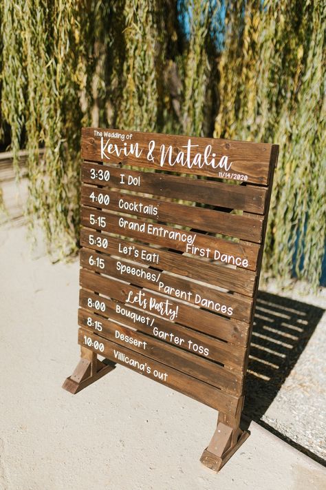 Outside Wedding Signs, Wedding Decorations Using Cricut, Rustic Wedding Timeline Sign, Wedding Schedule Ideas, Wedding Schedule Signs, Reception Timeline Sign, Schedule Wedding Sign, Diy Wedding Schedule Sign, Pallet Timeline Wedding