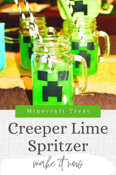 Our lime spritzer is crisp, light, and refreshing! It requires just a few common ingredients and will be enjoyed by guests of all ages. Get our recipe here. We used farmhouse style jar mugs for this drink and added fun Creeper faces using squares of black electrical tape. Minecraft Alcoholic Drinks, Minecraft Party, Electrical Tape, Party Drinks, Pixie Dust, Non Alcoholic Drinks, 8th Birthday, Refreshing Drinks, Mason Jar Mug