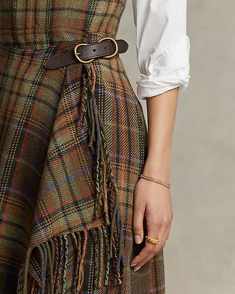 Plaid Fringe-and-Leather-Trim Wrap Dress for Women | Ralph Lauren® UK Tartan Dresses For Women, Tartan Skirts Long, Scottish Style Fitted Plaid Pleated Skirt, Tartan Skirts Midi, Tartan Hitched Skirt, Ralph Lauren Plaid Dress, Scottish Clothing Women Tartan Skirts, Ralph Lauren Dress, Tartan Dress