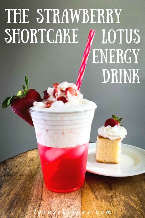 The Strawberry Shortcake Lotus is a delicious blend of strawberry, french vanilla, almond, vanilla sweet cream cold foam, and a white lotus base concentrate. Lotus Drinks With Cream, Pride Coffee Drinks, Spring Lotus Drinks, Lotus Tea Recipe, Lotus Recipes Drink, Fall Lotus Energy Drinks, Lotus Drinks Recipes, Lotus Energy Drink Recipes, Lotus Drink Recipes