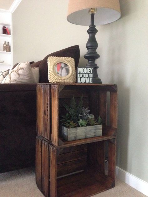 Antique apple crates into end tables!                                                                                                                                                                                 More Wood Crate Nightstand, Wooden Crates Nightstand, Crate Nightstand, Wood Crate Furniture, Crate Decor, Crate End Tables, Farmhouse End Tables, Crate Table, Crate Diy