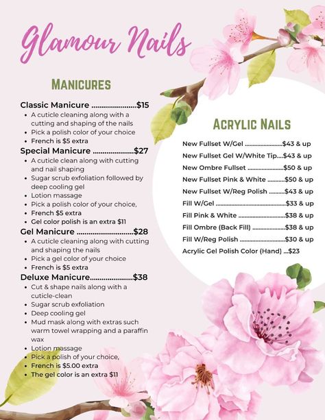 Blooming Flowers Nail Salon Template - Edit in Canva Salon Services Menu Ideas, Nail Salon Price List, Nail Salon Prices, Medical Esthetician, Nail Picking, Salon Price List, Summer Pedicure, Pedicure Colors, Glamour Nails