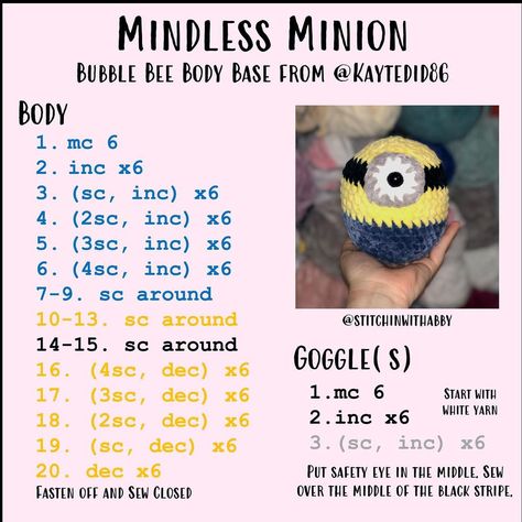 Abby Greenfield | Mindless Minion Pattern Base from @kaytedid86 Yarn from @michaelsstores #crochetpattern #freepattern #freecrochetpattern #pattern… | Instagram Crochet Projects Animals Free Pattern, Crochet Patterns 1 Hour, Crochet Minion Free Pattern, Crochet Amigurumi Beginner Free Easy Patterns, Crochet Minions Pattern Free Amigurumi, Cute Crochet Patterns, Minion Crochet Patterns, Crochet Patterns Easy, Crochet Minion