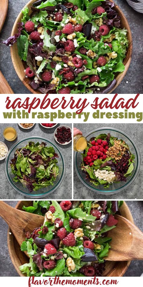 Raspberry Salad Recipe Peach Raspberry Salad, Salad Recipes With Raspberry Vinaigrette, Raspberry Dressing Salad, Raspberry Walnut Salad, Raspberry Vinaigrette Salad Recipes, Recipes Using Raspberries, Fresh Raspberries Recipes, Raspberry Salads, Rasberry Salad