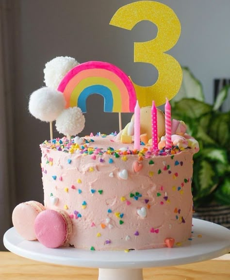 Pom Pom Birthday Cake, Pink Toddler Birthday Cake, Rainbow Party Snacks, Rainbow Toddler Birthday Party, Birthday Cake 3 Yrs Old, Rainbow Decorated Cake, Pink Cake With Sprinkles, Sprinkle Cake Ideas, Rainbow 4th Birthday Party