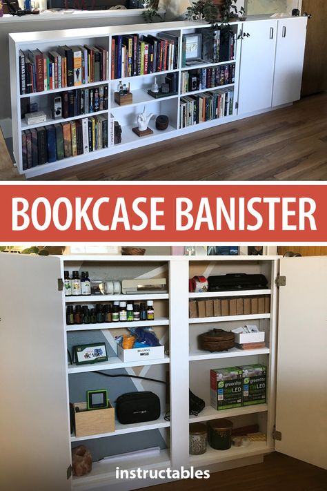 This simple bookcase with cabinet also functions as a banister. #Instructables #workshop #woodshop #woodworking #carpentry #storage #organization #bookshelf Organization Bookshelf, Bookcase With Cabinet, Aesthetically Pleasing Home, Custom Home Office, Business Step By Step, Woodworking Project Ideas, Living Room Upstairs, Custom Woodworking Projects, Simple Bookcase