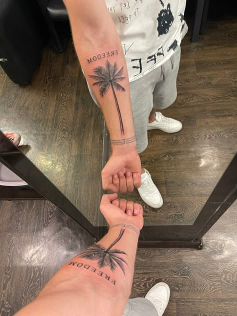 Vintage Tattoo Ideas Men, Forearm Palm Tree Tattoo, Men Palm Tree Tattoo, Surfer Tattoo Men, Traveler Tattoos, Small Travel Tattoos, Tree Tattoo Forearm, Tree Tattoo Arm, Unique Tattoo Ideas