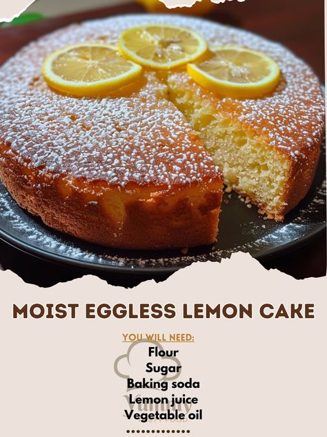 🍋 Experience the zesty joy of our Moist Eggless Lemon Cake! Perfect for tea time! #LemonLove 🍽️ Moist Eggless Lemon Cake 🛒 Ingredients: Flour: 1 ½ cups Sugar: 1 cup Baking soda: 1 tsp Lemon juice: ¼ cup Vegetable oil: ½ cup Water: 1 cup 👩‍🍳 Instructions: Mix: Combine all dry ingredients, then add liquids. Bake: Pour into pan, bake at 350°F for 25 mins. 🍋 A slice of heaven! This eggless wonder is waiting to brighten your day! ☀️ #EgglessBaking #LemonCake Eggless Lemon Cake, Beginner Baking Recipes, Baking Soda Lemon Juice, Lemon Yogurt Cake, Tea Cakes Recipes, Eggless Cake Recipe, Eggless Recipes, Lemon Cake Recipe, Eggless Baking