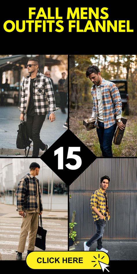 Discover the versatility of flannel shirts in fall men's fashion. From classic plaid patterns to solid colors, flannel shirts are a wardrobe staple for a reason. Combine them with jeans and boots for a casual and rugged appeal. Whether you're going for a weekend getaway or a relaxed day out, this outfit is perfect for the modern guy. Men’s Fall Flannel Outfits, Men’s Plaid Shirt Outfit, Plaid Flannel Outfit Men, Men’s Flannel Shirt Outfit, Flannel Outfits Men Winter, Flannel Shirt Outfits Men, Men Flannel Outfits Street Styles, Flannel Shirt Outfit Men, Mens Plaid Shirt Outfit