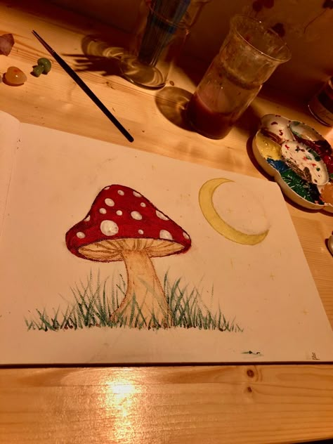 Mushroom Drawing Landscape, Painting Of A Mushroom, Frog Cute Painting, Simple Mushroom Painting Ideas, Moon And Mushroom Drawing, Mushrooms Aesthetic Drawing, Colorful Mushroom Drawing, Mashrooms Drawing Aesthetic, Aesthetic Drawing Ideas Colourful