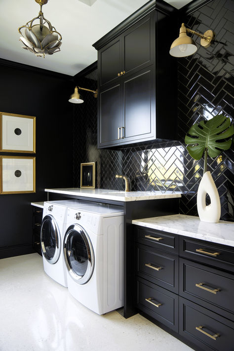 Monochrome Laundry Room, Modern Laundry Room Ideas Small Spaces, Black And White Laundry Room Floor, Fancy Laundry Room Ideas, Black Tile Laundry Room, Dark Moody Laundry Room, Laundry Room Black Cabinets, Gray Laundry Room Ideas, Black Laundry Room Cabinets