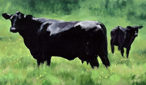 Angus Cow Painting, Angus Cow, Farm Animal Paintings, Aberdeen Angus, Cow And Calf, Cow Pictures, Beef Cattle, Black Cow, Cow Calf