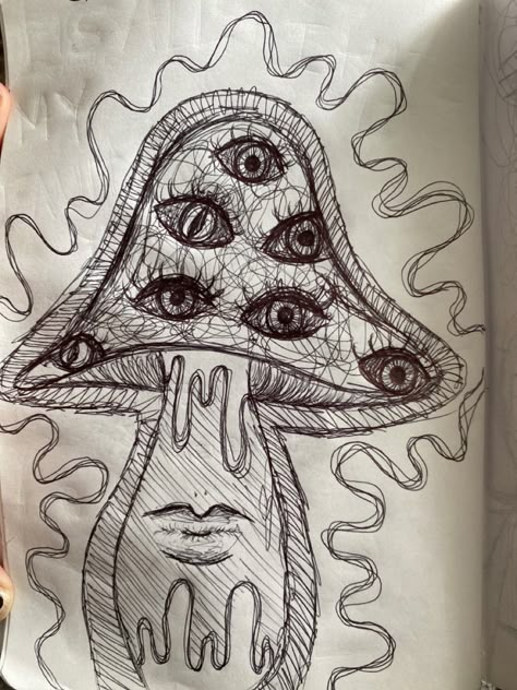 drawing ideas || eye || mushroom || melting Eye Mushroom Drawing, Melting Mushroom Drawing, Scary Mushroom Drawing, Mushroom With Eyes Drawing, Mushroom Eye Drawing, Sketchbook Mushroom, Drawing Ideas Mushrooms, Scary Mushroom, Mushroom With Eyes