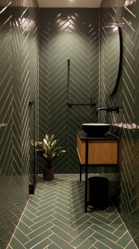 Green tile lovers, this one’s for you! Classic jade tiles with sleek black accents and a wooden vanity create the ultimate small bathroom inspo. 🌿🛁 #GreenAesthetic #BathroomDesign #HomeStyle #ClassicDecor Jade Green Bathroom, Small Bathroom Inspo, Baie Vintage, Green Bathroom Ideas, Wooden Vanity, Green Tile, Green Bathroom, Classic Decor, Bathroom Inspo