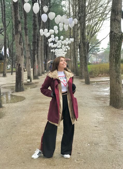 Nami Island Outfit, Nami Island Korea, Korea Outfits, Brown Winter Coat, Red Winter Coat, Stylish Raincoats, 2019 Outfits, Autumn Travel, Nami Island