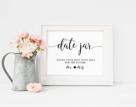 "Date Jar Sign, Date Night Sign For The Future Mr. and Mrs. Date Night Ideas, Rustic Bridal Shower Signs, Wedding Shower, Instant Download Date Jar Sign for the \"NEW\" Mr. and Mrs: https://www.etsy.com/listing/482427714/date-jar-sign-date-night-sign-date-night Date Jar Card : https://www.etsy.com/listing/511314482/printable-date-night-cards-date-night . . . . . . . . . . . . . . . . . . . Y O U R E C E I V E * 5x7\" and 8x10\" 2 different sizes of \"Date Jar\" Sign - JPG high resolution files.💓#LoveStory #RomanticEncounters #HeartfeltConnections #DateNightIdeas #SoulmateSearch #FlirtyFridays #CandlelitDinners #StarryEyedMoments #LoveQuotes #DreamyDates #WhisperedPromises #AmourAdventures Ladies Restroom Sign, Tea Party Bridal Shower Decorations, Wedding Heaven, Date Jar, Night Jar, Date Night Jar, Shower Activities, Wedding Bathroom, Bridal Shower Decorations Diy