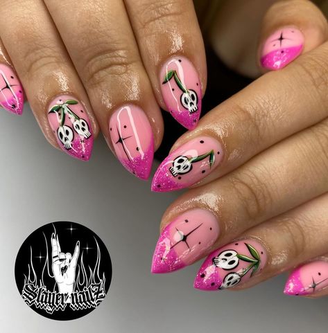 Eleza🥀 | Girly pop skull cherries!!✨💖 Thank you @dannicourts!! Inspo by @nailsbloodynails!✨ Brands used: @candy.coat, @nailorder💖 Time taken: 2… | Instagram Nail Designs For Halloween, Skull Cherries, Cherry Nail Art, Scary Nails, Bat Nails, Horror Nails, Skull Nails, Girly Pop, Matte Black Nails