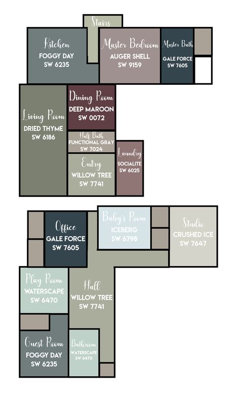 Full House Color Scheme. Sherwin-Williams Colors. Best Full House Paint Colors, House Design Color Schemes, Paint Layout For House, House Color Schemes Interior Sherwin Williams, Full Home Color Scheme, Unique Home Color Schemes, Bold Farmhouse Colors, Calming House Colors, Whole House Paint Scheme 2023 Sherwin Williams