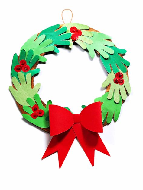 Handprint Christmas Wreath Craft Christmas Wreath Crafts For Toddlers, Christmas Arts And Crafts For Kids Ornaments, Hand Wreath Craft Kids, Construction Paper Crafts Christmas, Christmas Wreath Crafts For Kids, Christmas Wreath For Kids, Handprint Christmas Wreath, Holly Crafts, Cardboard Wreath Form