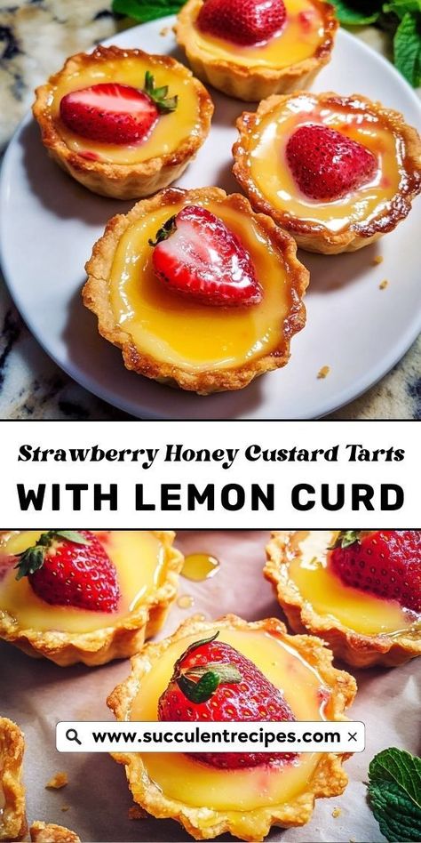 These Elegant Strawberry Honey Custard Tarts with Lemon Curd are a beautiful combination of sweet and tangy flavors. Perfect for any holiday gathering, they’re sure to impress your guests. Fruit Curd Tart, Tea Party Tarts, Citrus Tart Recipe, Lemon Curd Recipe Easy Desserts, Tart Recipes Mini, Tarts Recipe Dessert, Mini Custard Tarts, Curds Recipes, Recipes Using Lemon Curd