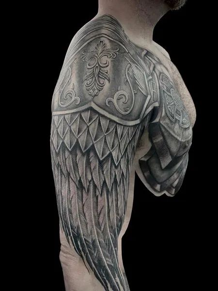 Mens Armor Tattoo, Armour Tattoo Women, Armor Tattoo Woman, Chest Armor Tattoo, Armor Shoulder Tattoo, Armour Tattoo Design, Shoulder Armor Tattoo Design, Armor Tattoo Sleeve, Viking Armor Tattoo