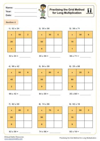 Practising the Grid Method for Long Multiplication Worksheet Year 9 Maths Worksheets, Ks3 Maths Worksheets, Year 8 Maths Worksheets, Ks1 Maths Worksheets, Year 6 Maths Worksheets, Year 5 Maths Worksheets, Year 7 Maths Worksheets, Year 4 Maths Worksheets, Year 2 Maths Worksheets