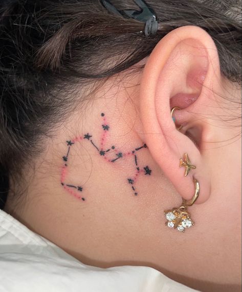 sagittarius constellation behind ear, with pink dots and black lines and stars Sagittarius Constellation Tattoo, Tattoo Behind Ear, Sagittarius Constellation, Constellation Tattoo, Constellation Tattoos, Ear Tattoo, Cute Tattoos, Behind Ear Tattoo, Constellations