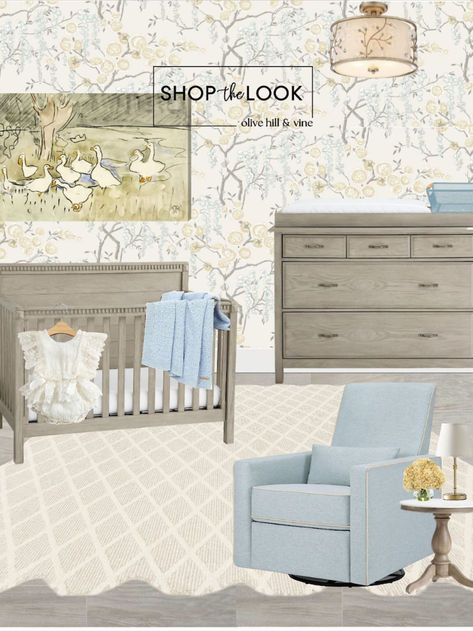 Whimsical vintage duck nursery featuring soft yellow and blue tones, floral wallpaper, a cozy swivel glider, elegant crib with crown molding, and playful duck-themed decor. Little Duckling Nursery, Duckling Nursery, Scalloped Lamp, Branches Wallpaper, Marble End Table, Boy Nursery Themes, Baby Boy Nursery Themes, Nursery Decor Inspiration, Marble End Tables