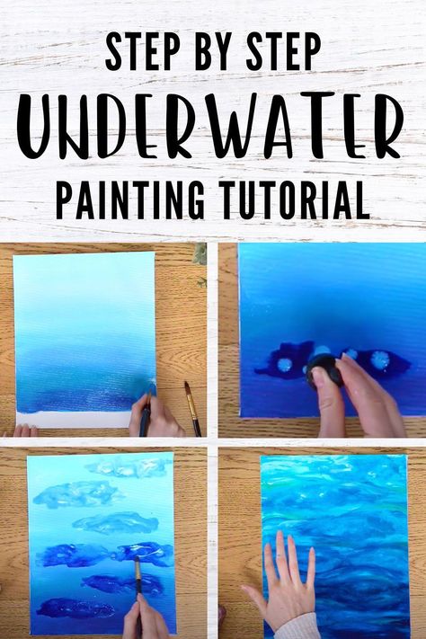 How to easily paint an underwater background using acrylic paints and inks. This background is perfect for underwater animal paintings such as sea turtles! How To Paint An Underwater Scene, Underwater Animals Painting, Painting Underwater Scenes, How To Paint Underwater, Acrylic Painting Underwater, Under The Sea Painting Easy, Under Sea Painting, Background Painting Tutorial, Ocean Drawing Underwater