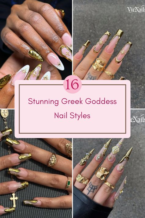 Explore 16 alluring Greek goddess nail designs featuring stunning colors and elegant accents, ideal for anyone wanting mythical nail inspiration. This pin showcases 4 images of fabulous nail art styles that capture the beauty of ancient myth. Medieval Nail Design, Mob Wife Nails Aesthetic, Villian Era Nails, Gold Jewelry Nails, Gold Boho Nails, Gold White And Black Nails, Rococo Nail Art, Whimsical Nail Designs, Mandala Nails Boho