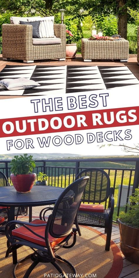 Outdoor Rugs for Wood Decks | Rugs for Wood Decks | Waterproof Rugs for Wood Decks | Best Outdoor Rugs | Weatherproof Outdoor Rugs | #rugs #waterproof #weatherproof #wooddeck #deck Outdoor Deck Rugs Patio Ideas, Deck Carpet Ideas, Outdoor Deck Rugs, Rugs For, Wood Deck Patio, Best Outdoor Rugs, Wood Decks, Staining Deck, Cool Deck