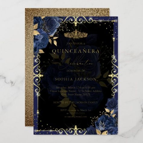 $ 3.95 | Elegant Blue Gold Rose Quinceanera - quinceanera, birthday, 15th birthday, tiara, flowers, pretty quinceanera, rose, blue, blue quinceanera, blue and gold Quinceanera Masquerade, Masquerade Party Invitations, Invitations Quinceanera, Dress Quinceanera, Rose Gold Tiara, Masquerade Theme, Quinceanera Planning, Rose Gold Invitations, Navy Floral Dress