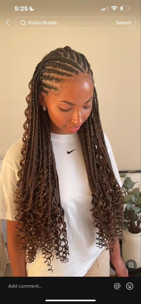 Braids To Do For School, Fulani Braids With Curls At The End, Cornrow With Curls, Easy Cornrows, Mexico Braids, Funali Braids, Fulani Braids With Curls, Cornrows With Curls, Vacation Braids