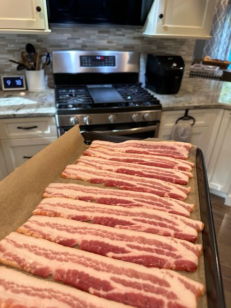 CRISPY OVEN BAKED BACON Thick Cut Bacon In Oven, Bacon In Oven, Oven Cooked Bacon, Perfect Bacon, Oven Baked Bacon, Bacon In The Oven, Brunch Casserole, Baked Bacon, Thick Cut Bacon