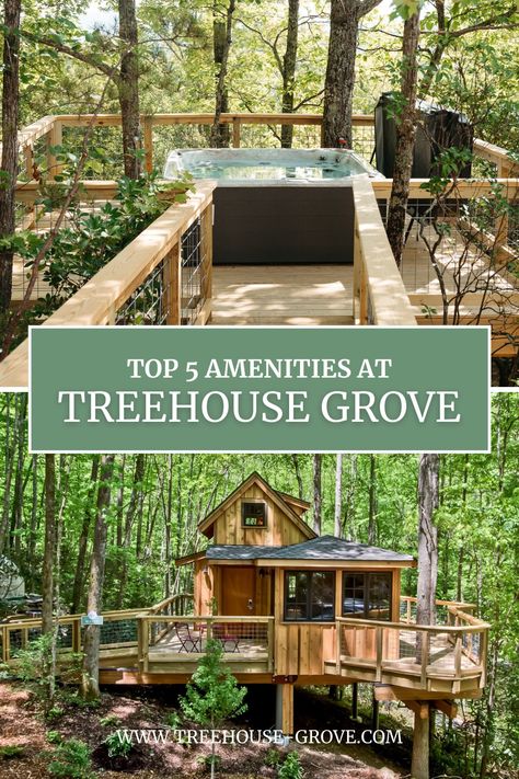 Have you heard about Pete Nelson's newest treehouse resort? Treehouse Grove is the first treehouse resort in Gatlinburg, Tennessee! With 16 one-of-a-kind treehouse designs, the resort is full of great amentities. Click here to read all about them! #gatlinburgvacationspot #smokymountainplacestostay #treehousemasters #treehousegrove #familyfriendlyvacations #blog Treehouse Resort, Tree House Hotel, Tree House Rentals, Treehouse Vacations, Tree House Resort, Treehouse Vacation Rentals, Treehouse Masters, Gatlinburg Vacation, Tree House Designs