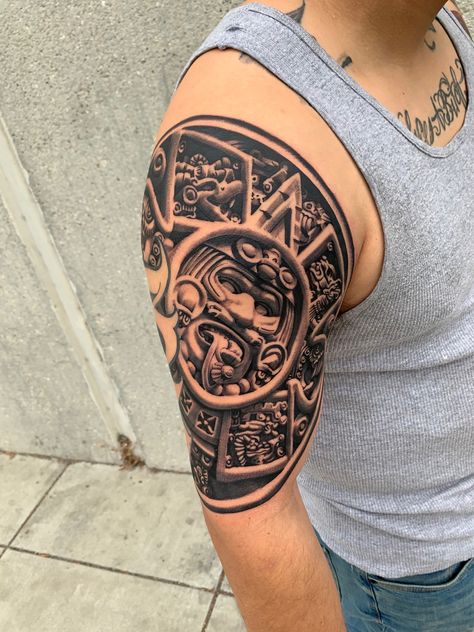 Instagram @migrante_tattoos Aztec Calendar Tattoo Design, Aztec Calendar Tattoo, Mexican Culture Tattoo, Forearm Tattoo Girl, Holy Tattoos, Armour Tattoo, Tattoo Practice Skin, Aztec Tattoos Sleeve, Lion Art Tattoo