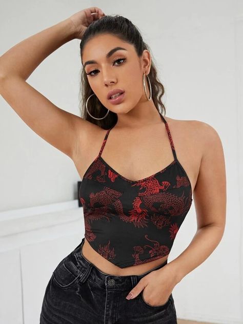 Chinese Dragon Print Asymmetrical Hem Crop Halter Top | SHEIN Halter Neck Crop Top, Black Cami Top, Shein Icon, Diy Clothes Design, Womens Halter Tops, Top Shein, Strap Crop Top, Women Tank Tops, Cute Preppy Outfits