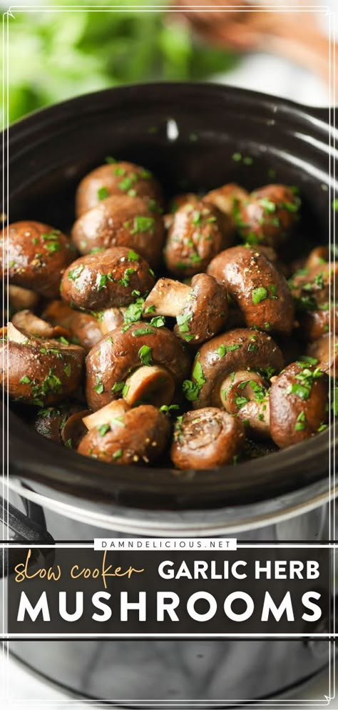 SLOW COOKER GARLIC HERB MUSHROOMS, crockpot, slow cooker recipes Crockpot Mushrooms, Crockpot Side Dishes, Vegetarian Slow Cooker Recipes, Garlic Butter Mushrooms, Mushroom Appetizers, Jalapeno Sauce, Slow Cooker Vegetarian, Garlic Herb, Slow Cooking