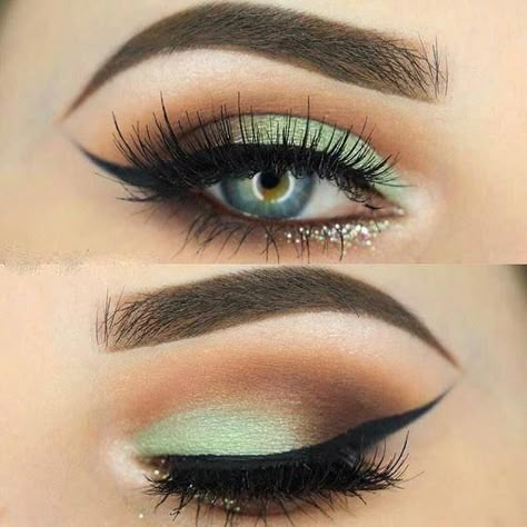 Like Green Eye Makeup, Beach Eyeshadow, Unique Eye Makeup Looks, St Patricks Day Eye Makeup Ideas, Checkered Eye Makeup, Sage Eye Makeup, Makeup Looks Eyeshadow, Subtle Dark Green Eye Makeup, Brown Eyes Green Eyeshadow