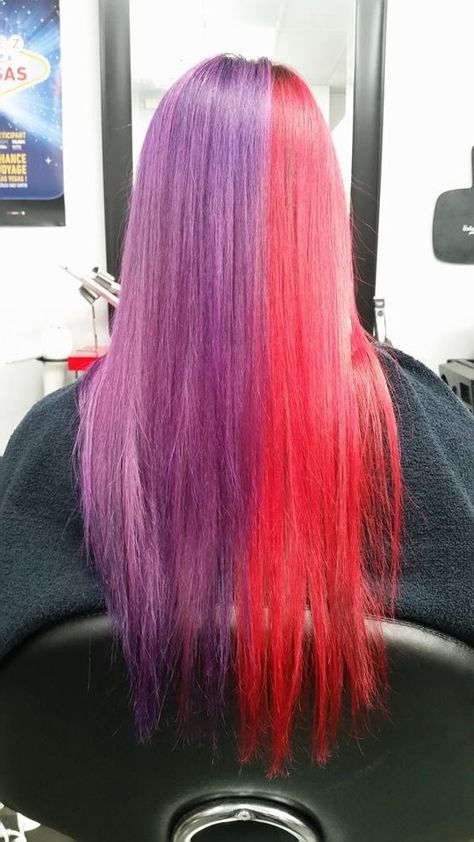 Purple And Red Hair Half, Half Red Half Purple Hair Split, Half Purple Half Red Hair, Purple And Orange Hair Split, Purple And Red Hair, Hair Red Color, Hair Color Combos, Magenta Hair Colors, Hair Color For Morena