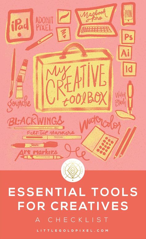 Essential Tools for Creatives • Little Gold Pixel In which I empty my creative toolbox and share my essential tools for creatives and graphic designers — including tech, apps and analogue creative tools. #design #graphicdesign #creativetools #creative #creativity #designtools #essentialtoolsforcreatives #creatives Graphic Design Essentials, Watercolor Tools, Illustration Career, Sci Fi Fonts, Fall Fonts, Tech Apps, Tools Design, Advanced Typography, Digital Communication