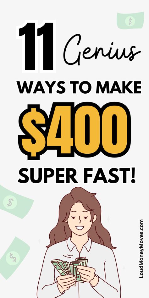 These legit and easy ways to make $400 fast are ways to make money quick when you need it the most! They are creative money making ideas that work to earn you side cash. You can make money as a teenager with these side hustle ideas or you can be a stay-at-home parent looking for more ways to make money. Read more on my blog at LoudMoneyMoves How To Earn More Money, Easy Money Saving Tips, How To Make Fast Money, Easy Ways To Make Money Online, How To Make Extra Money, How To Make Money Fast, Ways To Make Money At Home, How To Make Money As A Teenager, Quick Money Making Ideas