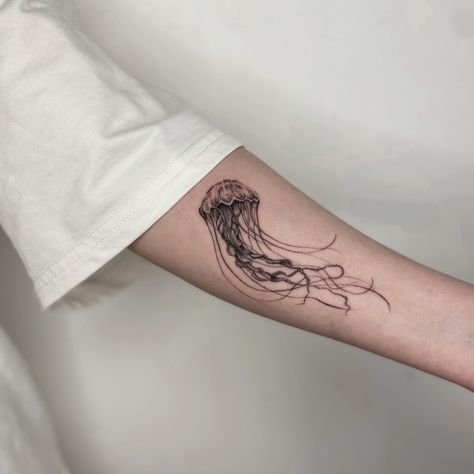 Jellyfish tattoo style microrealism #jellyfish #tattooidea #jellyfish_tattoo Jellyfish Tattoo Drawing, Jellyfish Wrist Tattoo, Jellyfish Tattoo Behind Ear, Cool Jellyfish Tattoos, Lions Mane Jellyfish Tattoo, Jellyfish Tattoo Placement, Jellyfish Hand Tattoo, Jellyfish Tattoo Forearm, Jellyfish Shoulder Tattoo