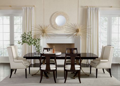 Hollywood Moment Dining Room | Ethan Allen Dining Room Trim, Host Dining Chairs, Big Dining Room, Formal Living And Dining Room, Dining Room Design Board, Wood Rectangle Dining Table, Ethan Allen Dining, Starburst Chandelier, Modern Dining Rooms