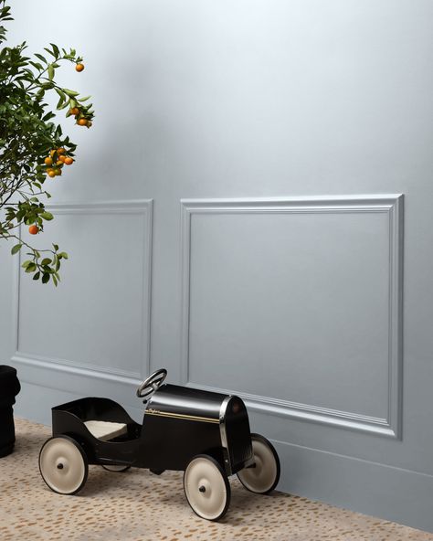 A hint of blue brings a delicate crispness to this light gray. Boys Bedroom Paint Color, Dark Blue Grey Paint, Blue Gray Nursery, Blue Boys Bedroom, Paint Color Swatches, Benjamin Moore Blue, Boys Room Blue, Nursery Paint Colors, Boy Room Paint